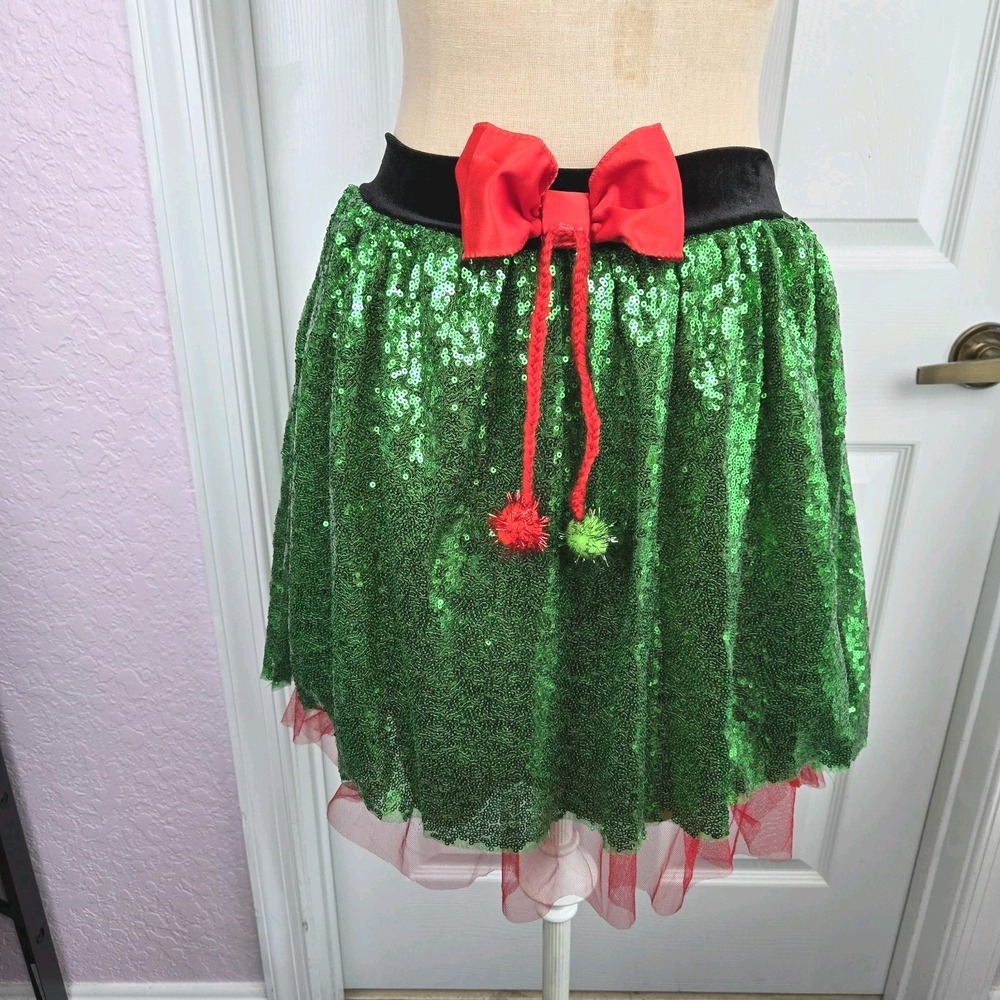 Love On A Hanger Festive Elf Twirl Skirt Green Sequins Size‎ L Red Bow Holiday